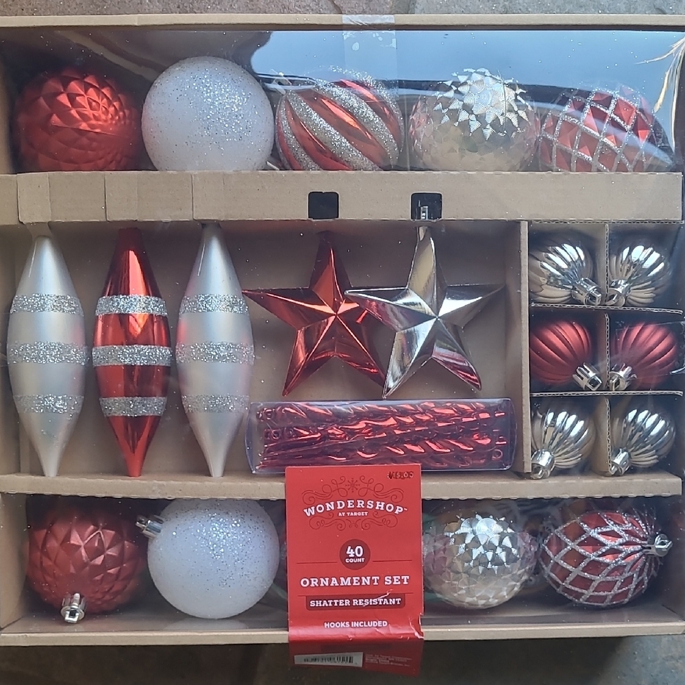 New Box! Wondershop Festive Burgundy Red and Silver Ornament Collection 40 Set